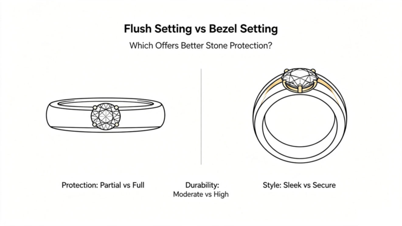 Flush setting vs bezel setting stone protection