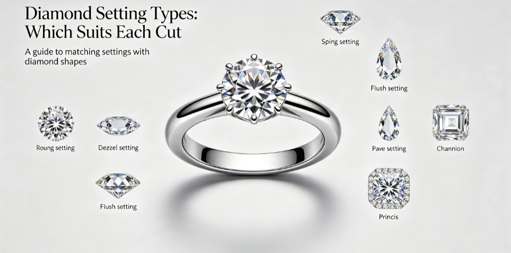 Diamond setting types infographic matching cuts to settings