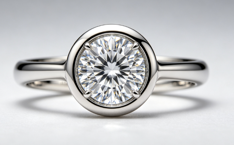 Bezel setting lab grown diamond ring in white gold with a round brilliant center stone