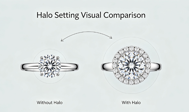 Halo setting lab grown diamond ring comparison showing the same round brilliant with and without a halo