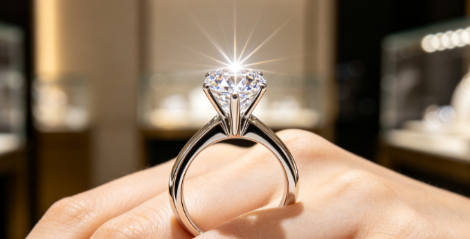 Cathedral setting lab grown diamond ring in white gold shown in side profile with rising shoulders