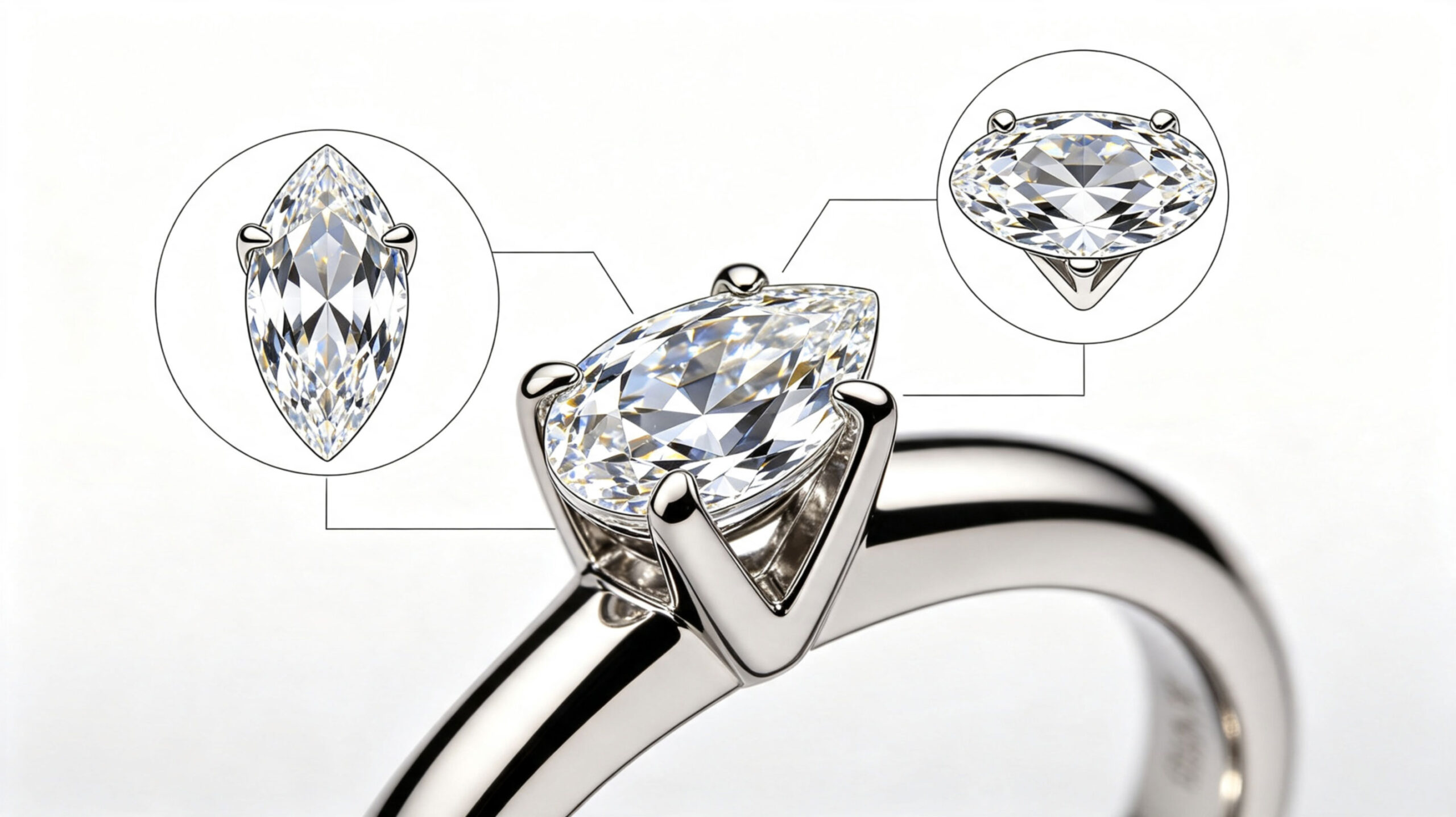 V-prong setting lab grown diamond holding a marquise and pear diamond securely at the tip